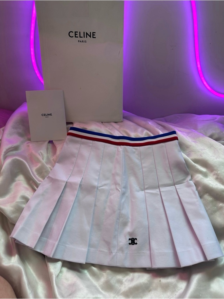 Celine White Pleated Skirt With Red & Blue Trim